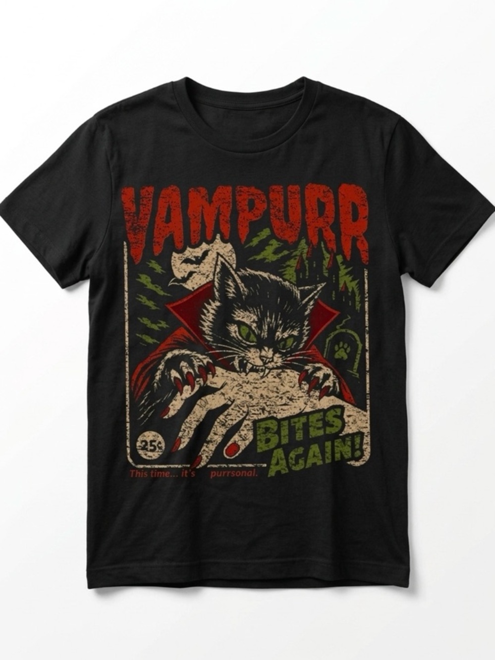 Vampurr Bites Again Black Graphic Cat T-Shirt, Halloween Tee, Retro Style